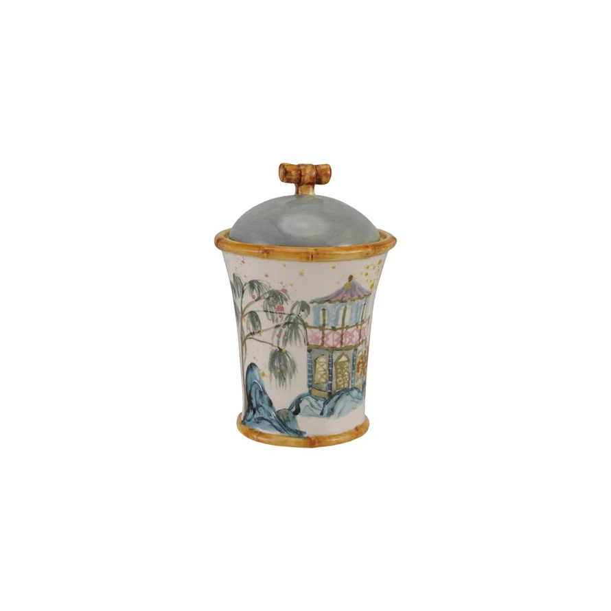 Hand-Painted Stoneware Canister with House, Palm Tree & Bamboo Style Edges