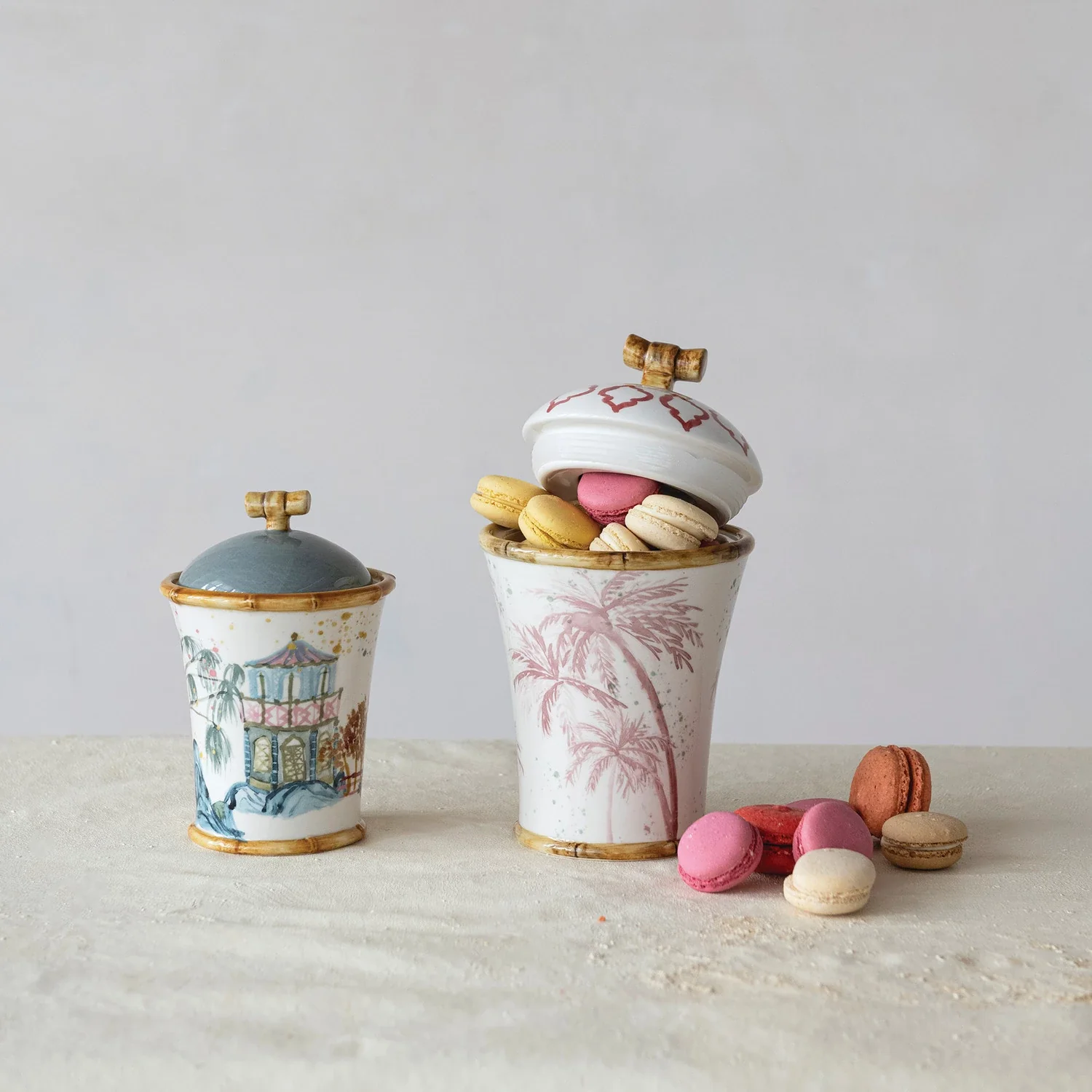 Hand-Painted Stoneware Canister with House, Palm Tree & Bamboo Style Edges - Image 2