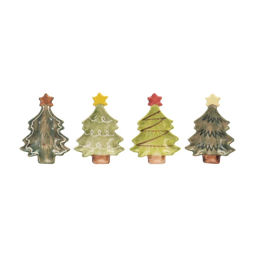 Hand-Painted Stoneware Christmas Tree Dish With Star - Sold Individually