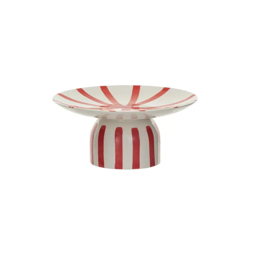 Hand-Painted Stoneware Pedestal w/ Stripes, Red & Cream