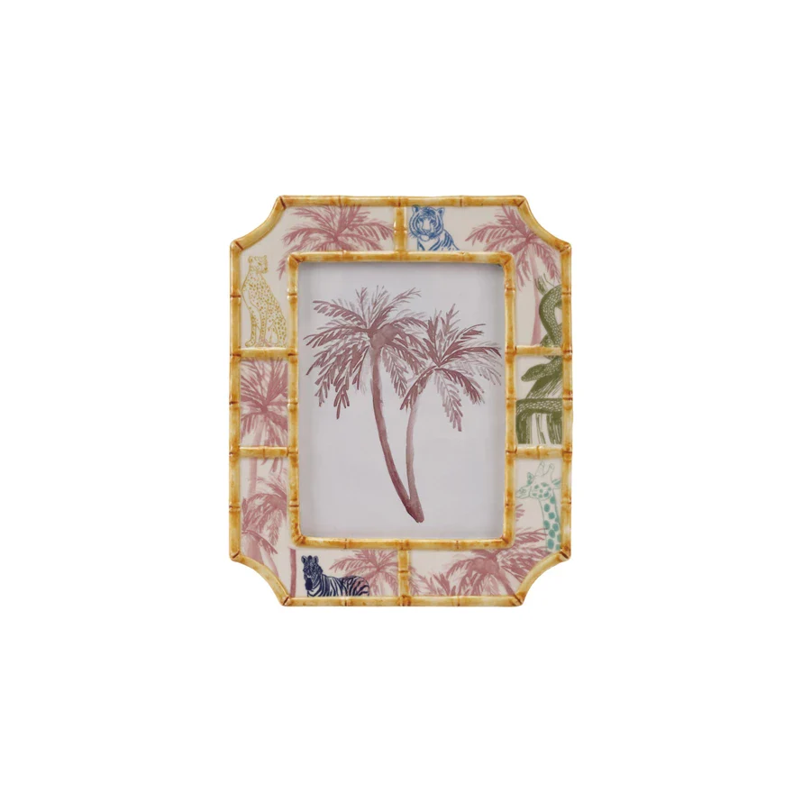 Hand-Painted Stoneware Photo Frame with Bamboo Style Edge