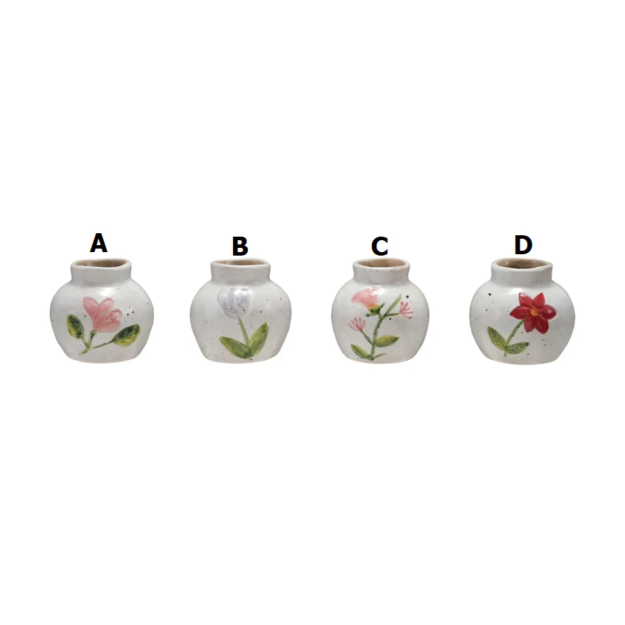 Hand-Painted Stoneware Vase with Flower - Sold Individually