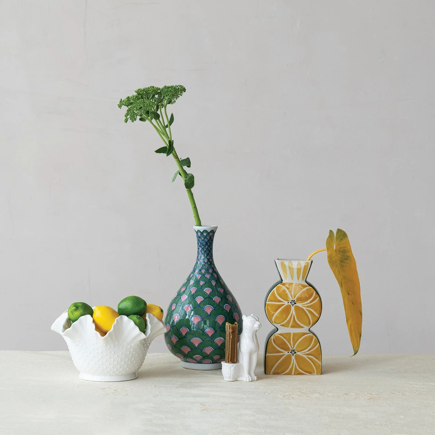 Hand-Painted Stoneware Vase with Pattern, Green, Pink & Blue - Image 2
