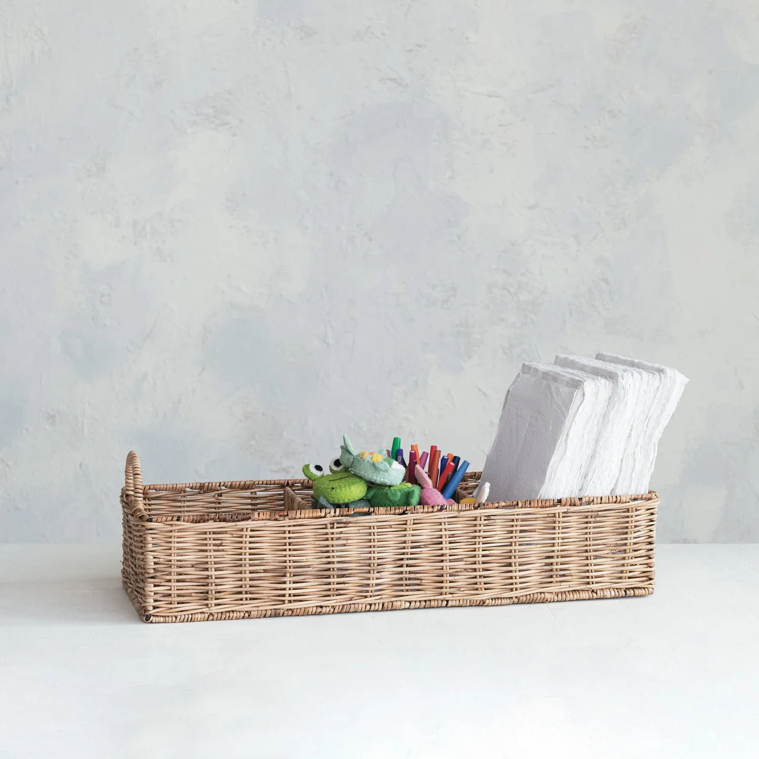 Hand-Woven Rattan Basket w/ 3 Sections & Handles - Natural - Image 2