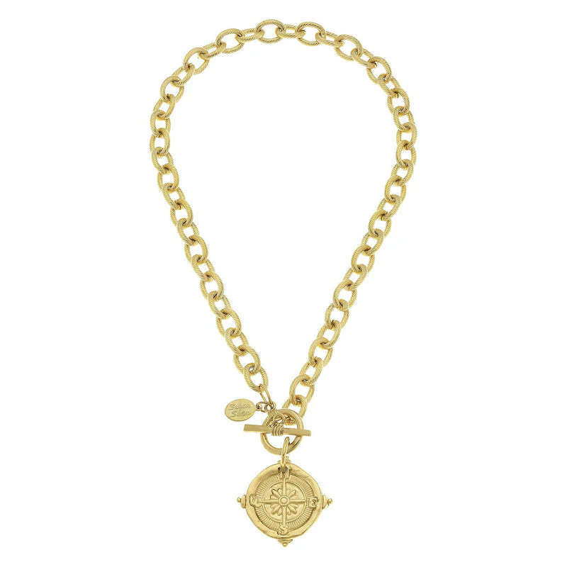 Handcast Gold Compass Front Toggle Necklace