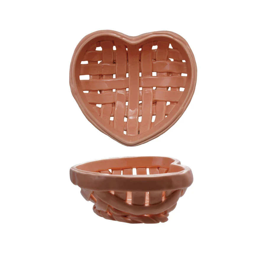Handmade Stoneware Woven Heart Shaped Basket - Coral