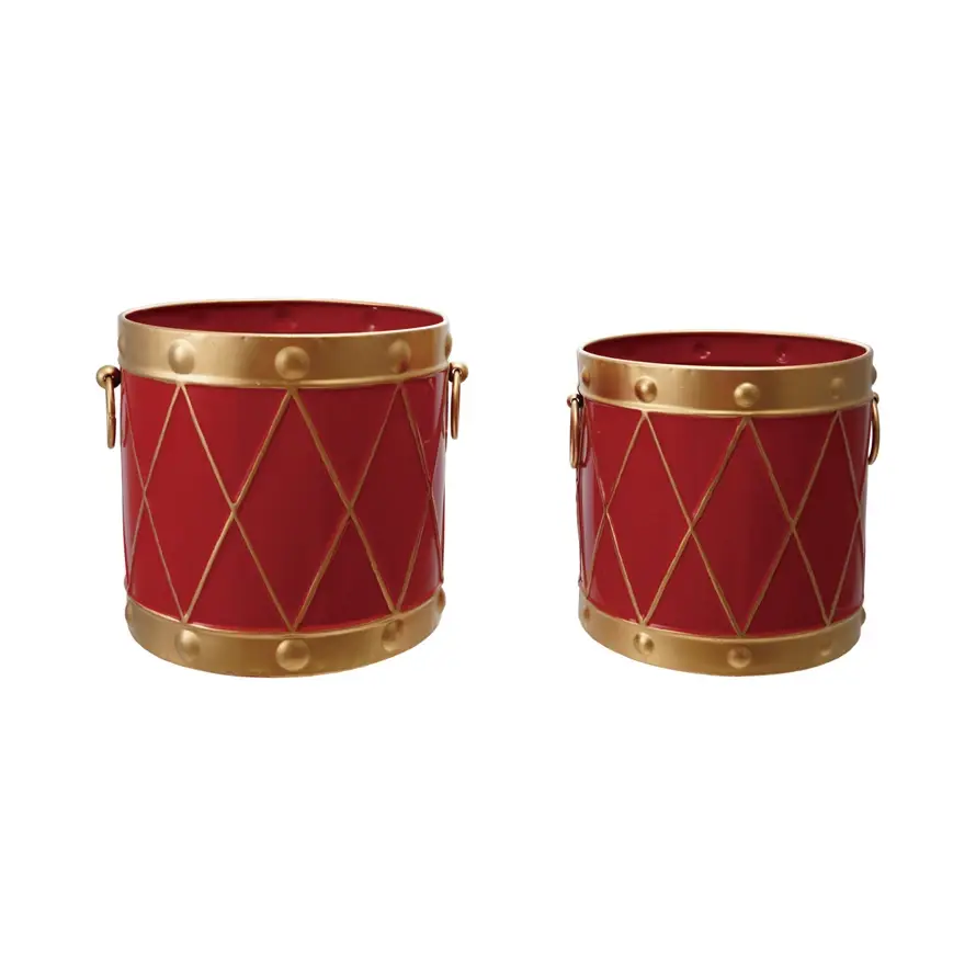 Iron Drum Shaped Buckets Red & Gold Color - Sold Individually