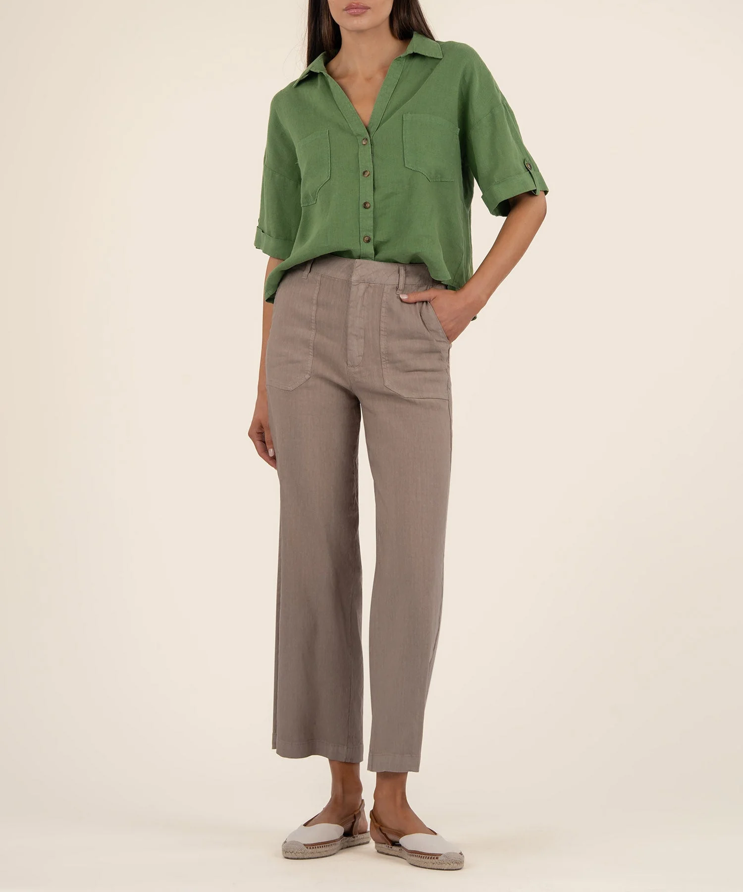 Ivy Breland-Boxy Button Front Shirt with Short Sleeves & Pocket - Image 11