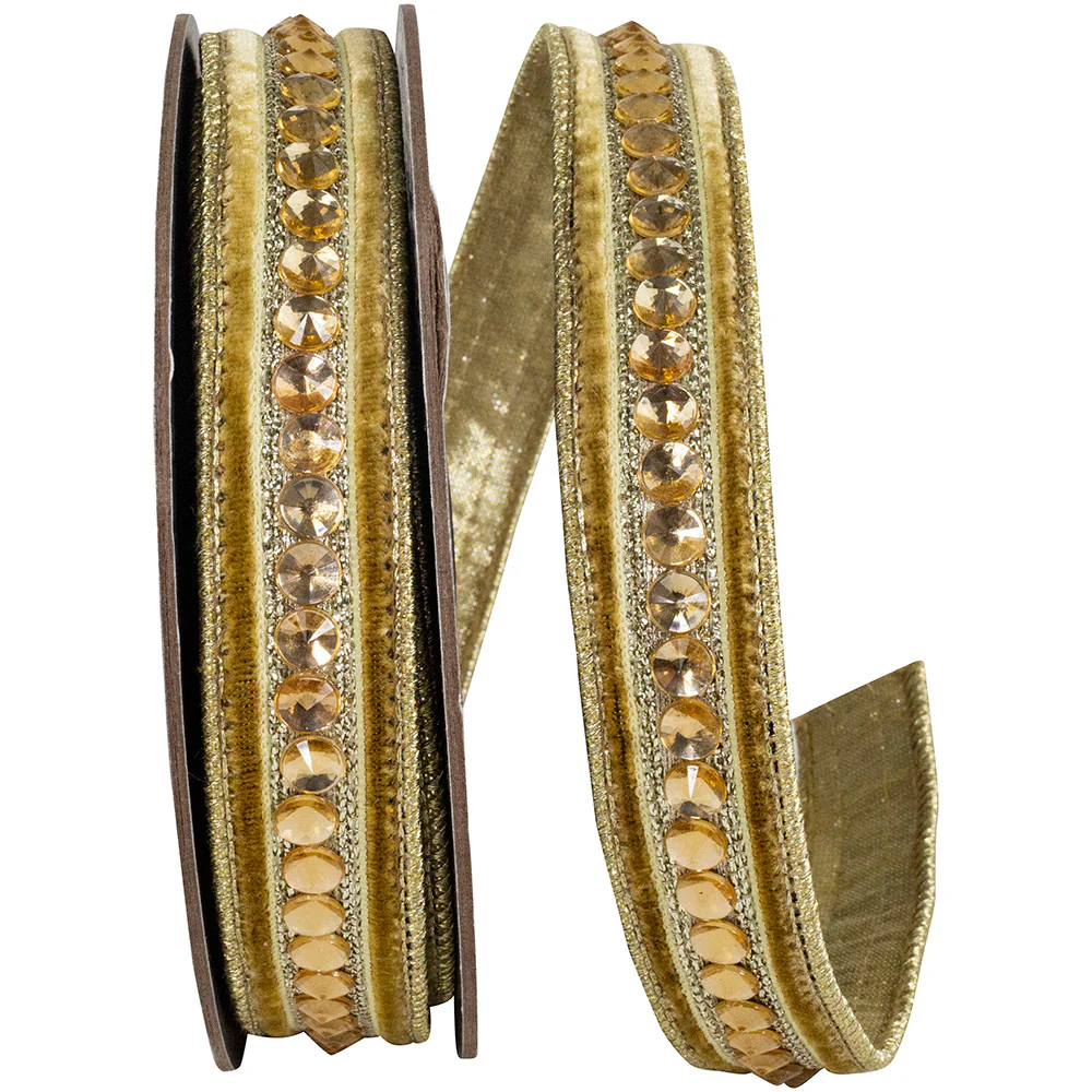 Jeweled Center Plush Velvet Deluxe Metallic Dupioni Backed Wired Edge Ribbon - Image 2
