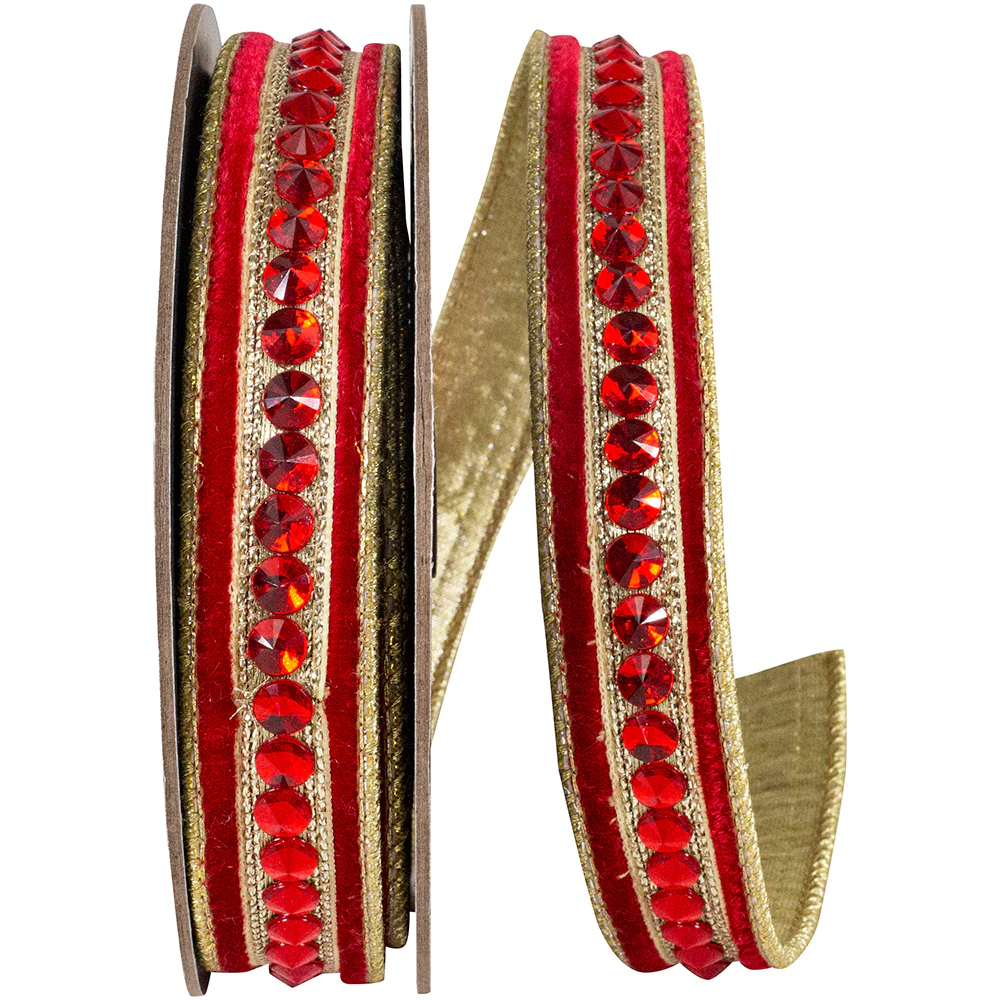 Jeweled Center Plush Velvet Deluxe Metallic Dupioni Backed Wired Edge Ribbon - Image 3
