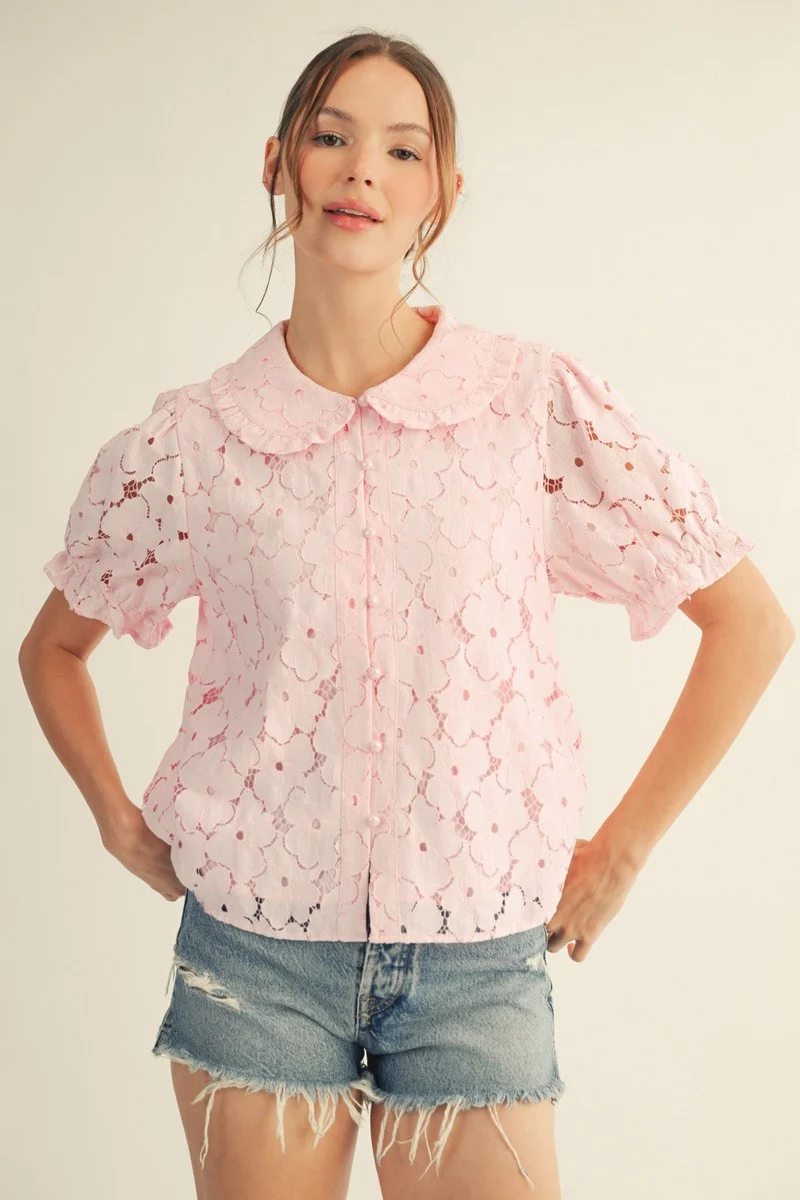 Layla Short Sleeves Button Down 3D Lace Top - Image 11