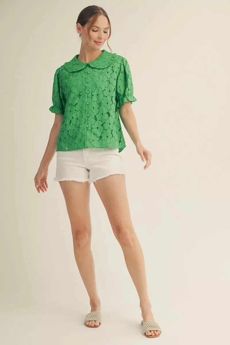 Layla Short Sleeves Button Down 3D Lace Top - Image 5
