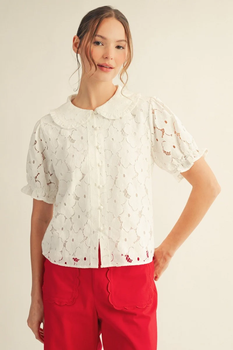 Layla Short Sleeves Button Down 3D Lace Top - Image 7