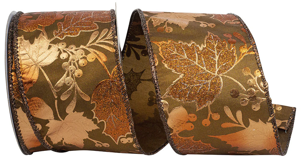 Leaves and Acorns Metalic Wired Edge Ribbon