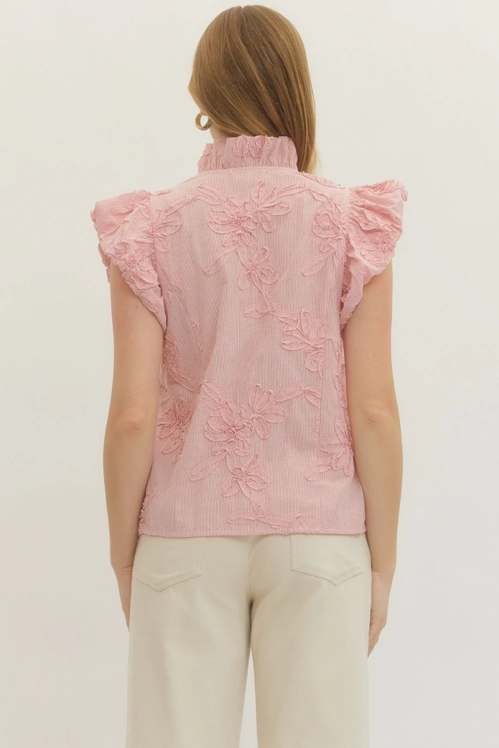 Leslie Striped Floral Applique Flutter Sleeve Top - Image 3