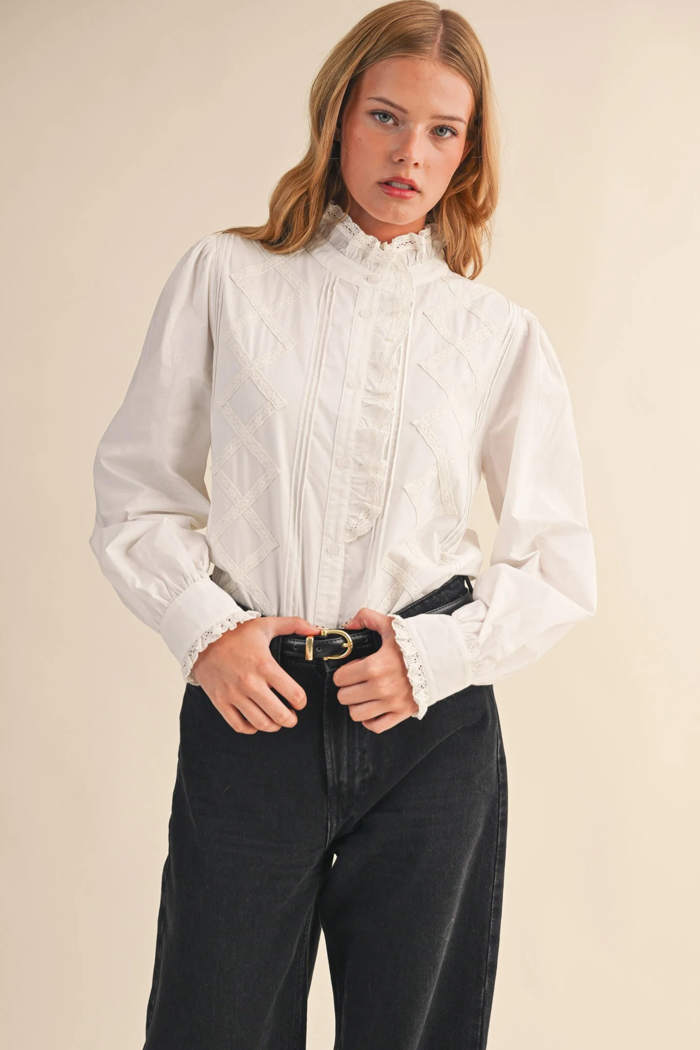 Lucy Ruffled Lace Trim Button Down Top