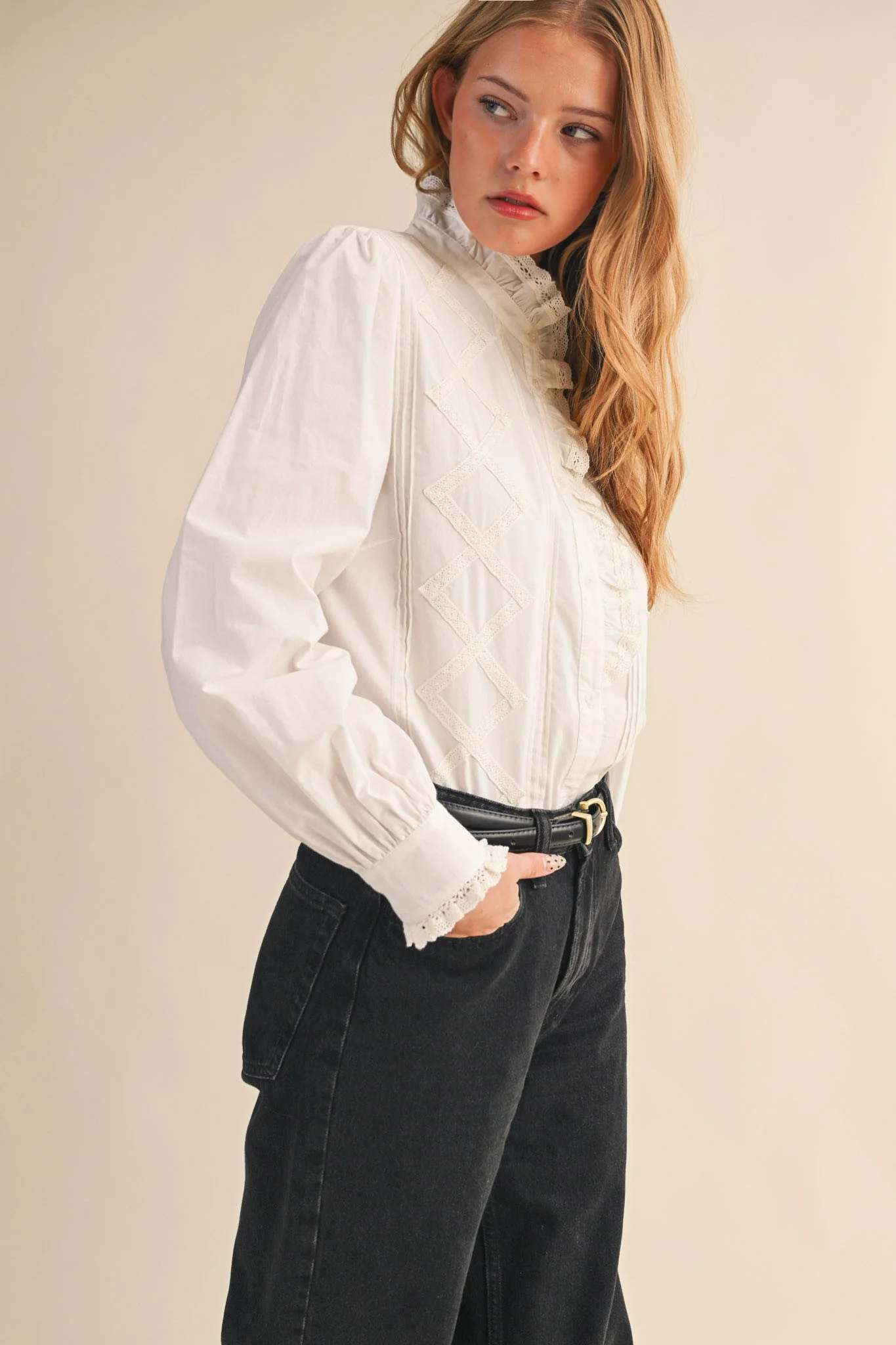 Lucy Ruffled Lace Trim Button Down Top - Image 2