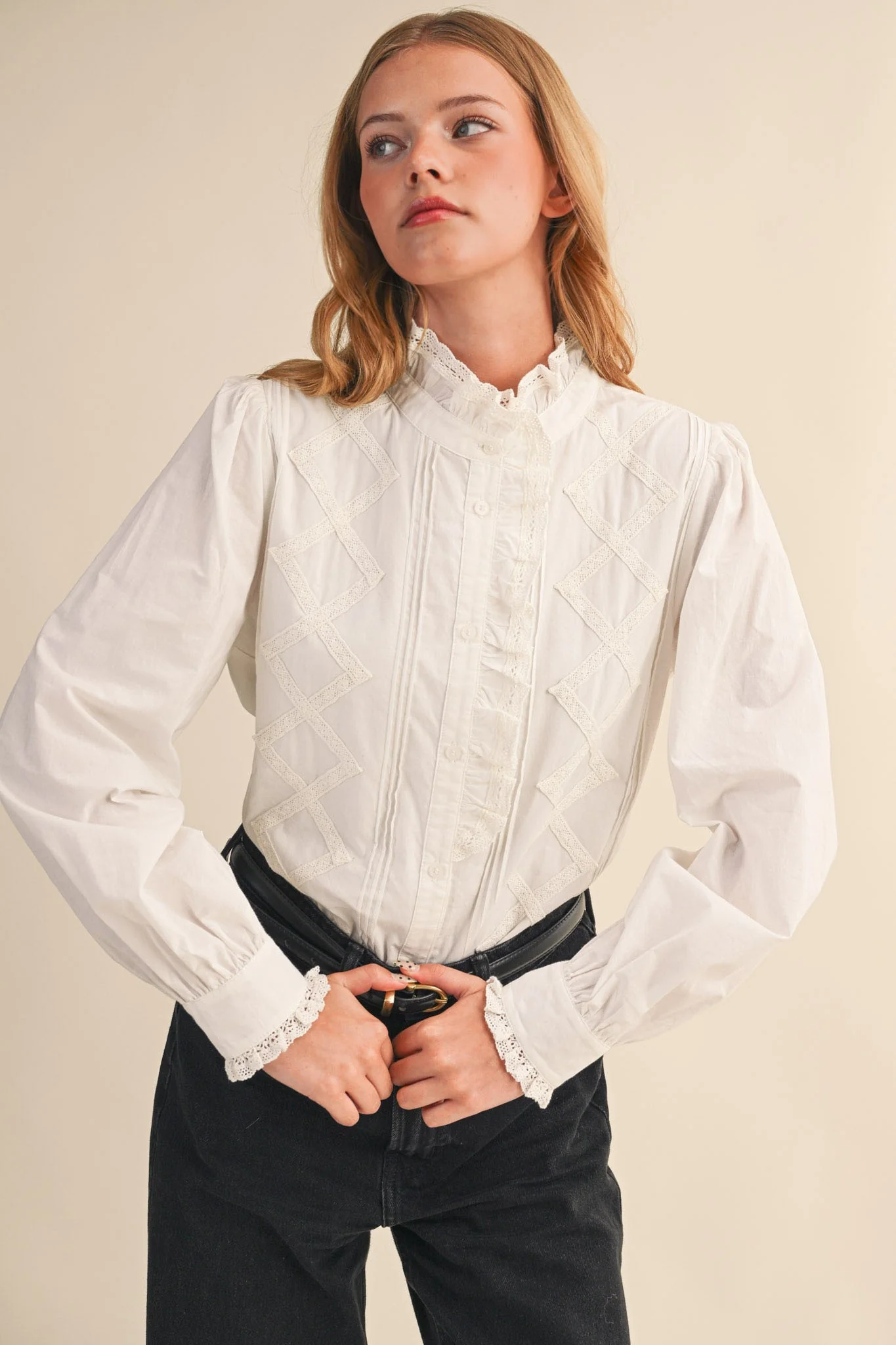 Lucy Ruffled Lace Trim Button Down Top - Image 9