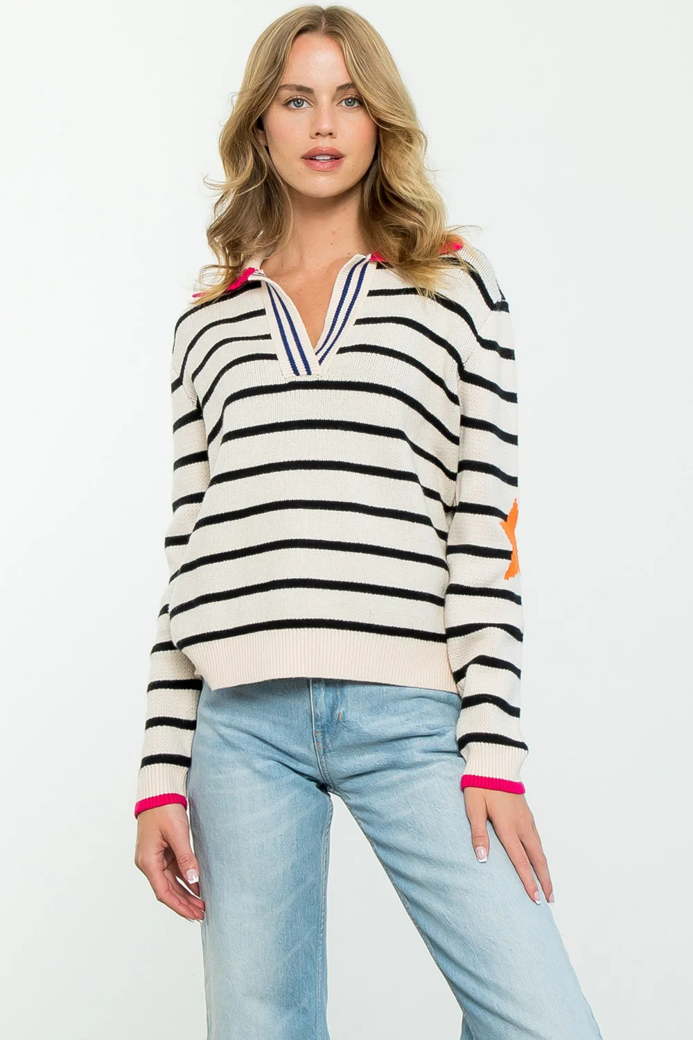 Lydia Collared Striped Knit Sweater