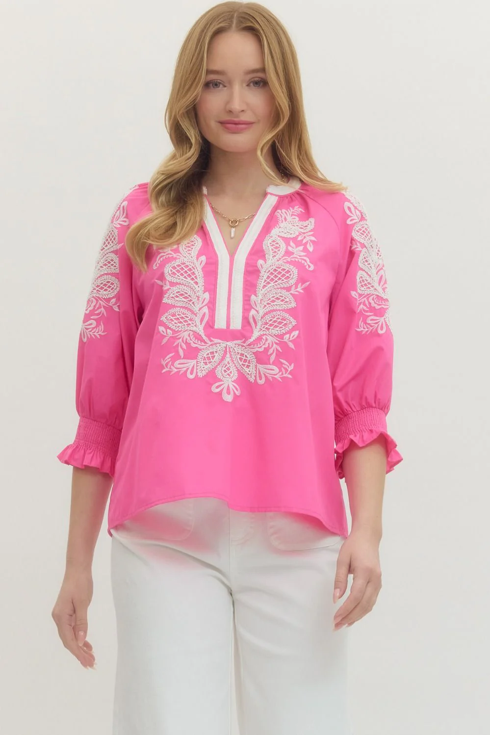 Madelyn Solid Embroidered ¾ Sleeve Top - Image 2