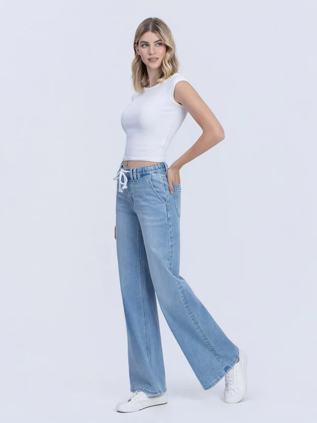 Maggie High Rise Elastic Waistband with Drawstring Wide Leg Jeans