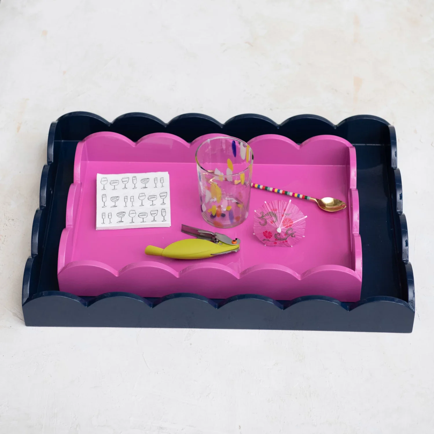 MDF Lacquered Scalloped Tray w/ Handles - Navy - Image 2