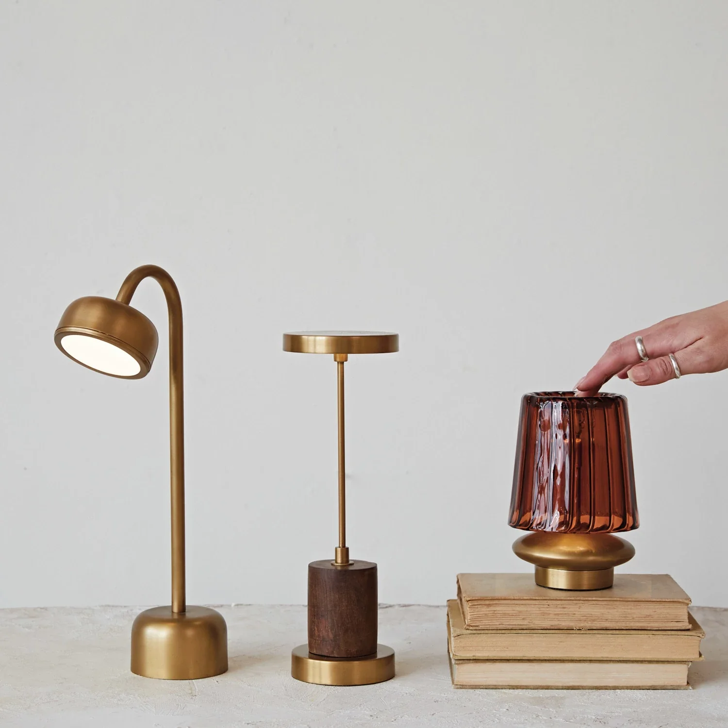 Metal & Mango Wood LED Table Lamp w/ Touch Sensor, Antique Brass Finish - Image 2