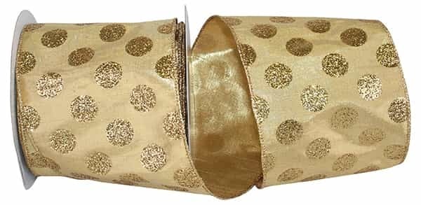 METALLIC LAME DUPIONI GOLD GLITTER DOTS WIRED EDGE RIBBON 4"X10YDS