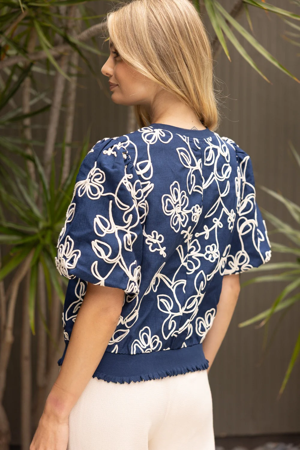 Natty Floral Embroidered Short Bubble Sleeve Top - Image 3