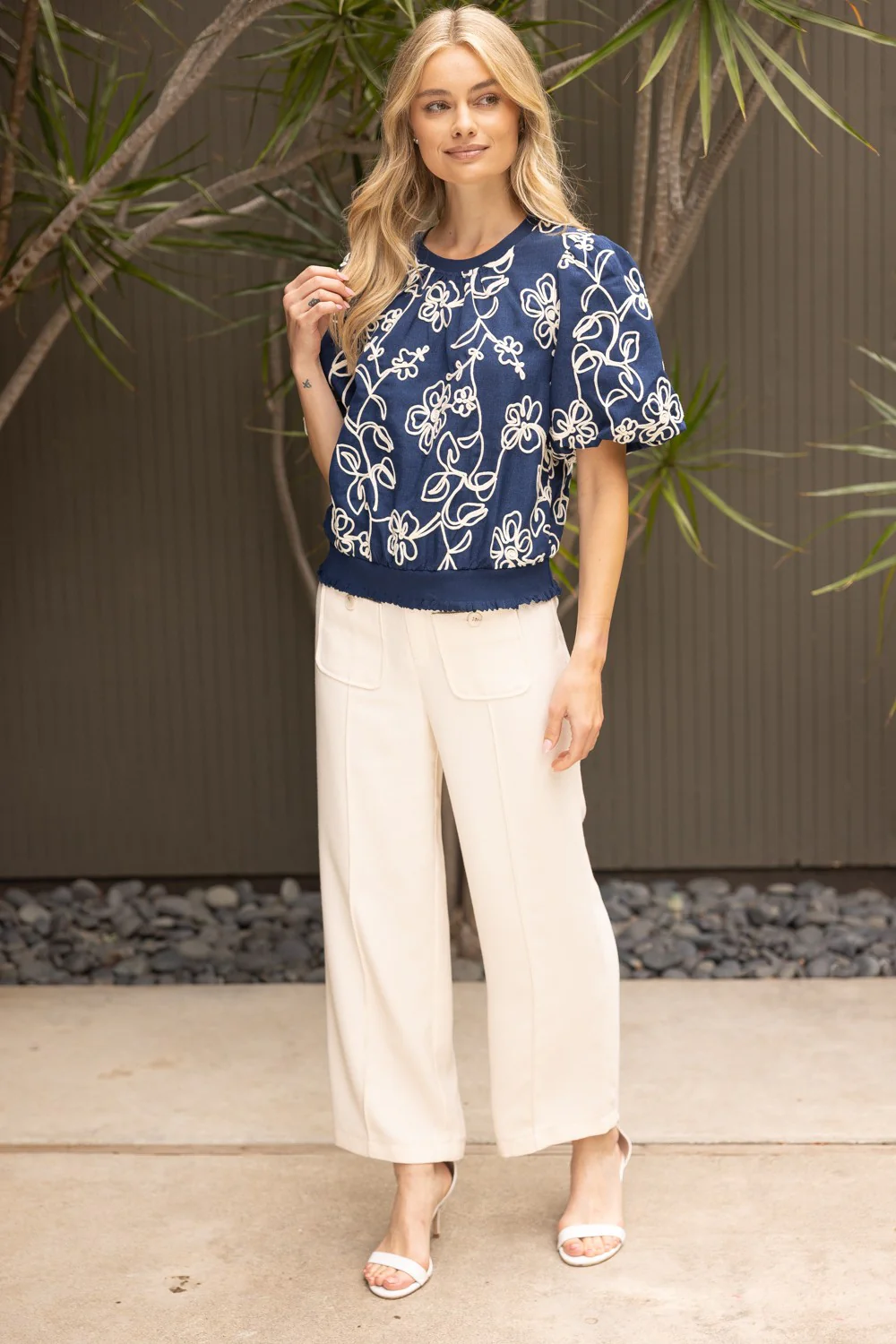 Natty Floral Embroidered Short Bubble Sleeve Top - Image 4