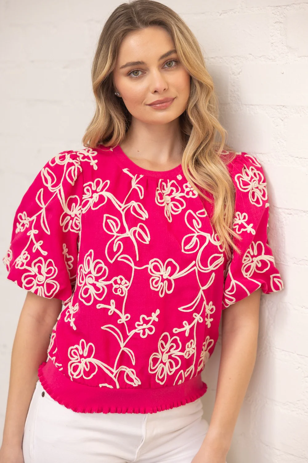 Natty Floral Embroidered Short Bubble Sleeve Top - Image 7