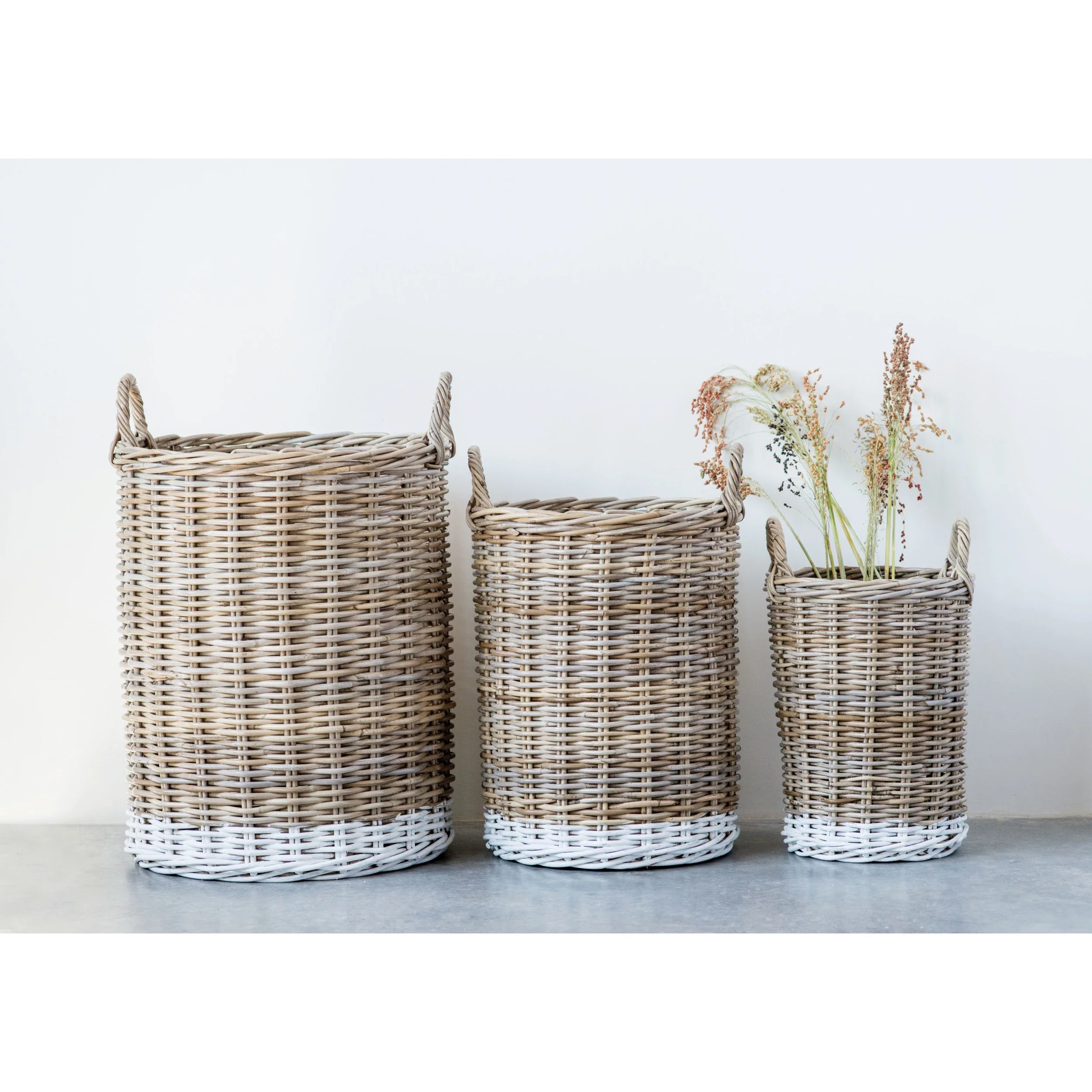 Natural Rattan Basket with Handles, Dipped White