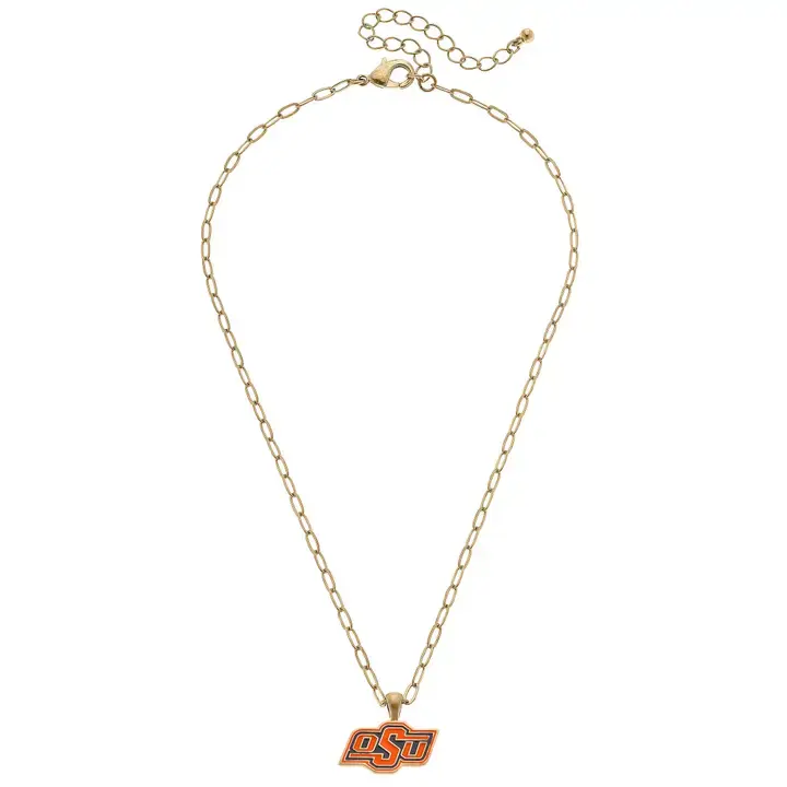Oklahoma State Cowboys Enamel Pendant Necklace in Shiny Gold