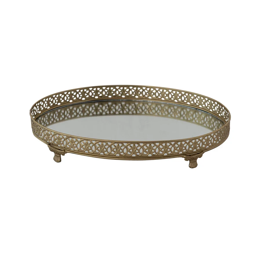 Oval Metal Filigree Footed Tray with Mirror - Gold Finish