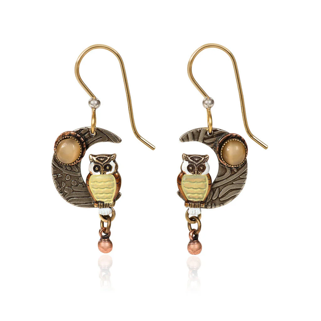 Owl on Crescent Moon Earrings