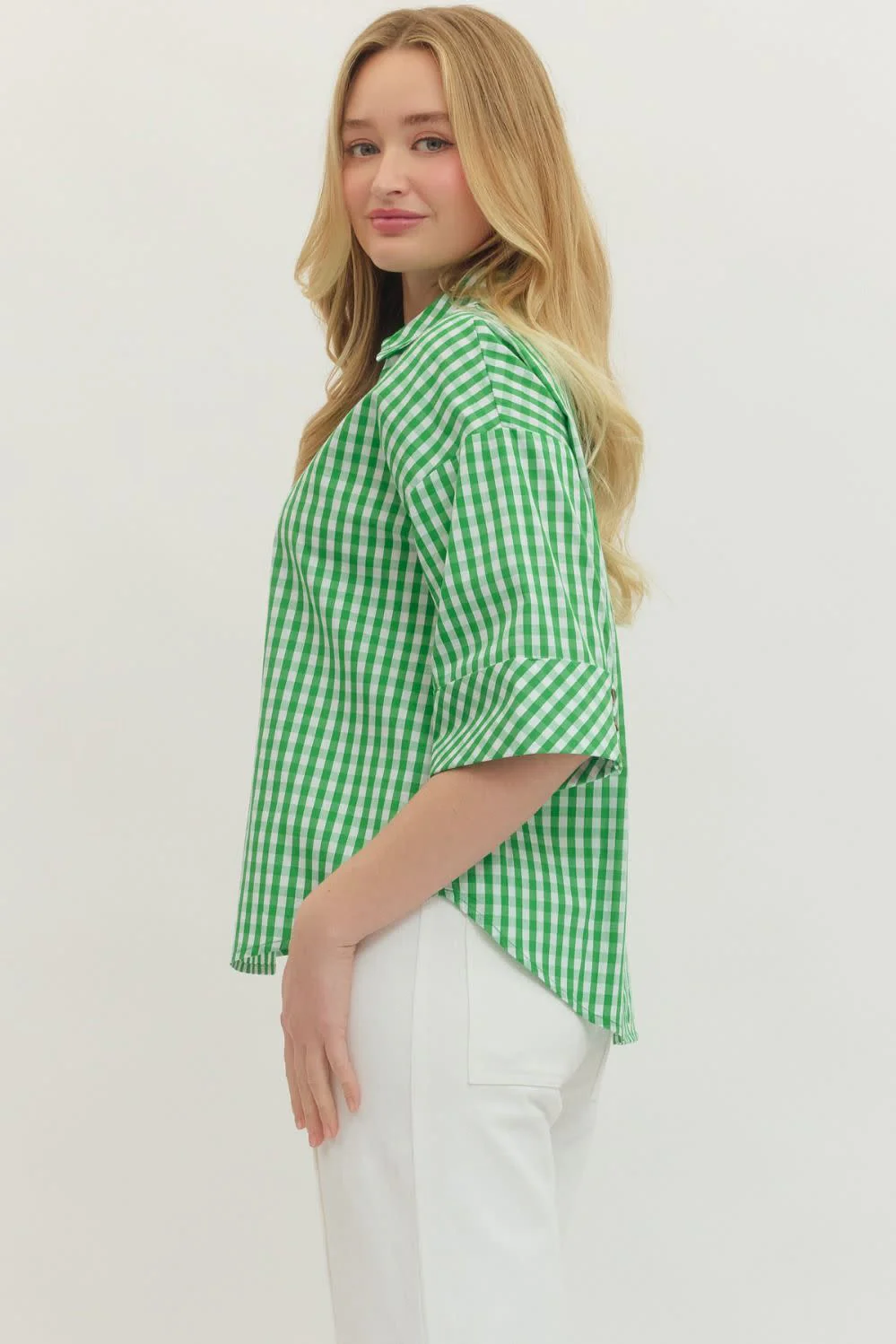Pamela Gingham Print ¾ Sleeve Top - Image 2
