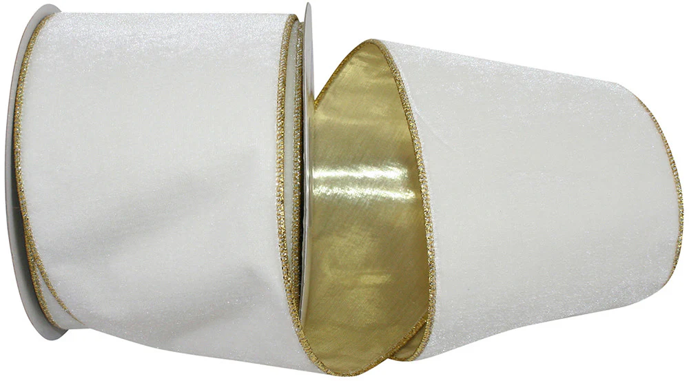 Plush Metallic Backed Velvet Wired Edge Ribbon - Ivory/Gold