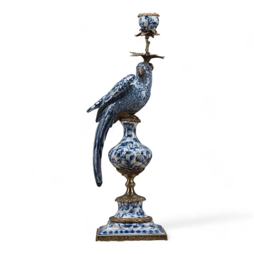 Porcelain Parrot Candle Holder With Bronze Ormolu Blue