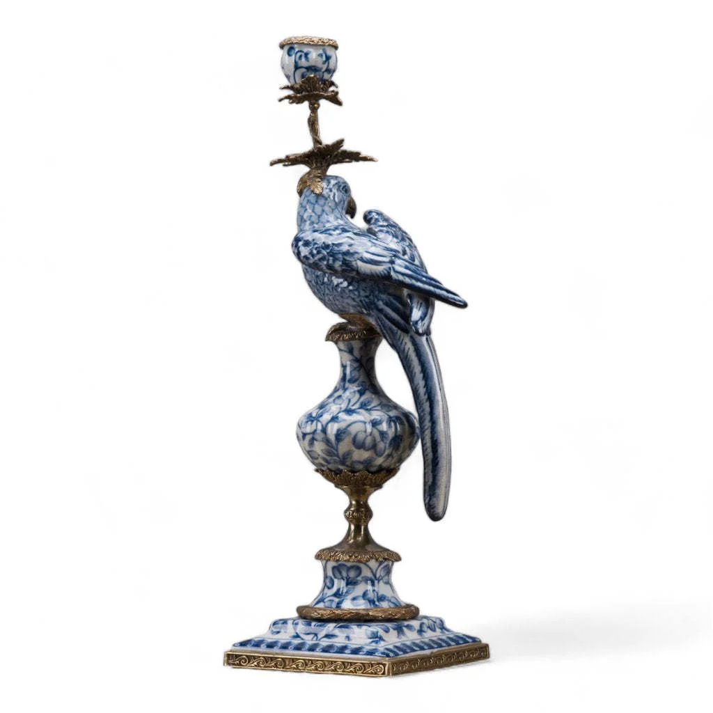 Porcelain Parrot Candle Holder With Bronze Ormolu Blue - Image 2