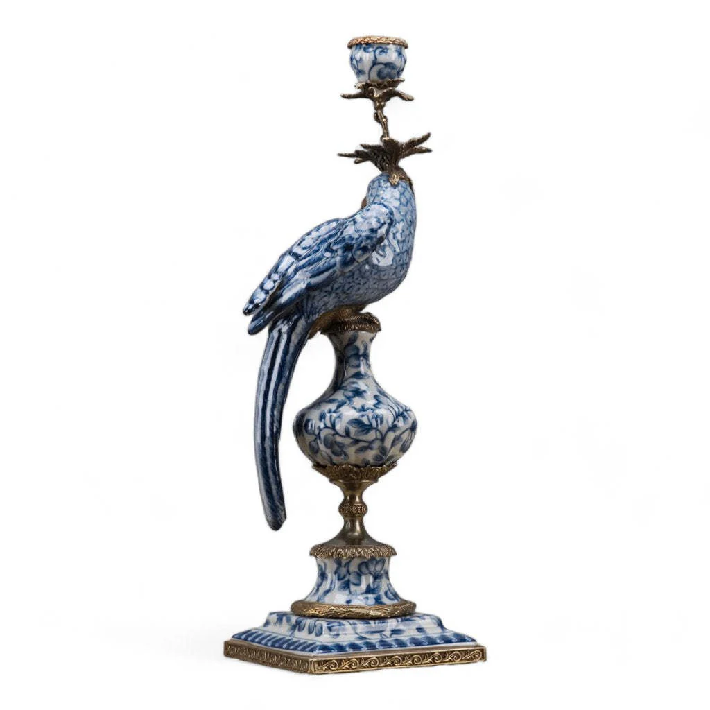 Porcelain Parrot Candle Holder With Bronze Ormolu Blue Right - Image 2