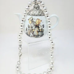 Porcelain Teapot Charm with M.I. Hummel Artwork on Fashion Pearl Necklace