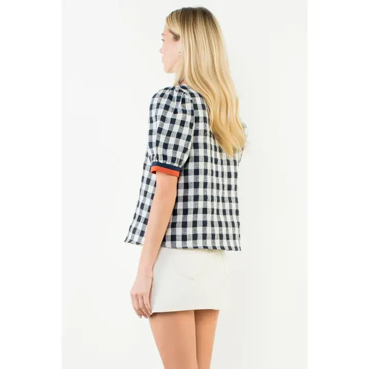 Puff Sleeve Checkered Pattern V-Neck Top Navy - Image 3