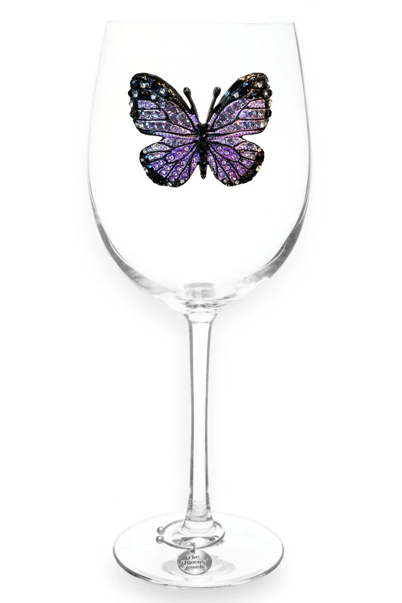 Jeweled Stemmed Wine Glass Purple Butterfly - Image 2
