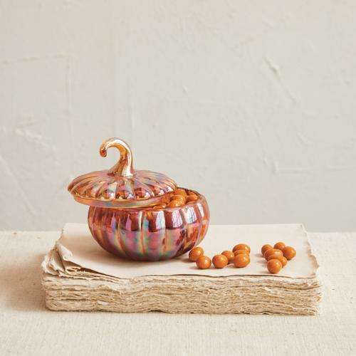 Recycled Glass Pumpkin Shaped Jar with Lid, Iridescent Orange - Image 2