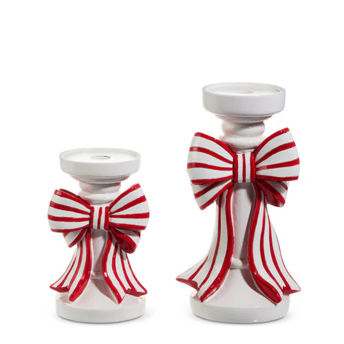 Red and White Stripe Bow Candle Holders - Sold Individually