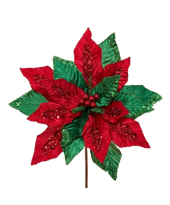 Red & Green Velvet Poinsettia Pick