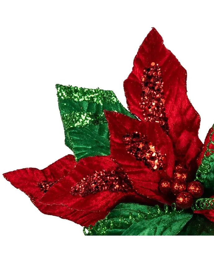 Red & Green Velvet Poinsettia Pick - Image 2