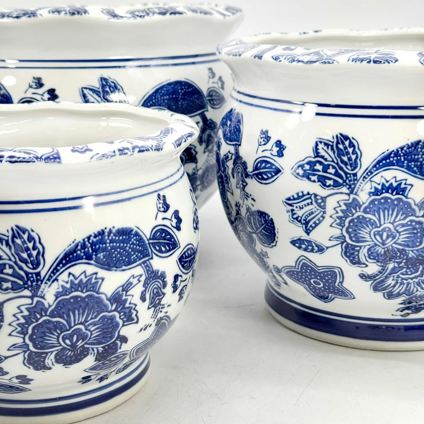 Round Blue & White Ceramic Chinoiserie Planter - Sold Individually - Image 3