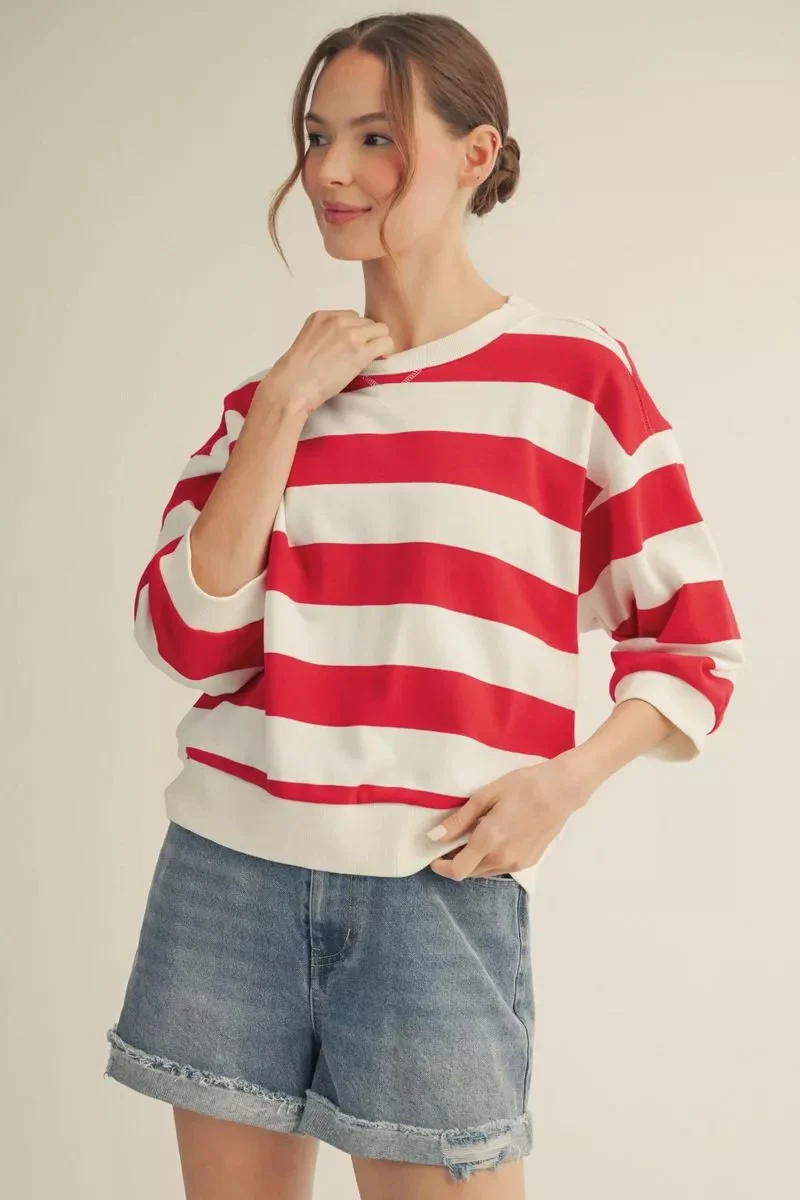 Roxanne V-Notched Bold Stripe Casual Top - Image 11