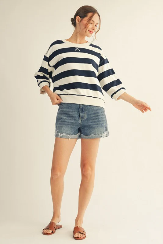 Roxanne V-Notched Bold Stripe Casual Top - Image 7